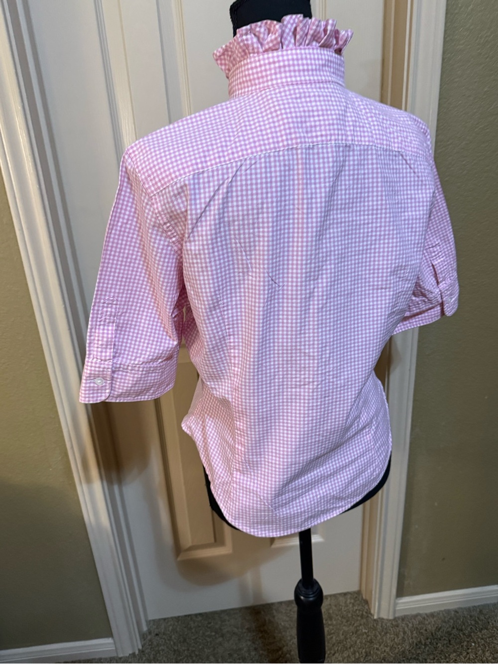 Upcycled Ralph Lauren Light Pink Gingham Ruffle Collar Button-Up - Picture 4 of 11